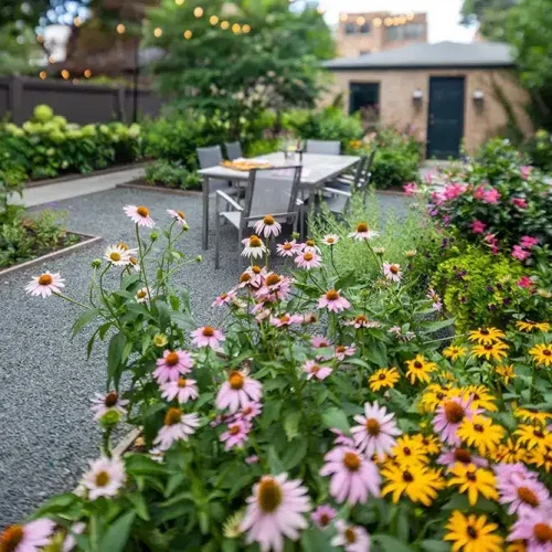 A garden with colorful flowers and a table.